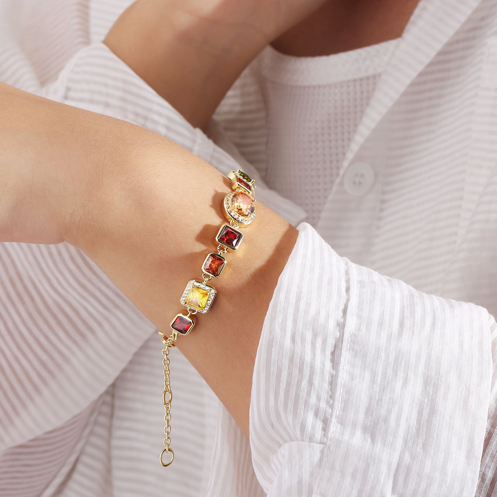 Vintage 18K Gold Plated Gemstone Hand Chain Multi Colored Gem Stone JEWELRY Cubic Zirconia Colorful CZ Bracelet For WOMEN MEN